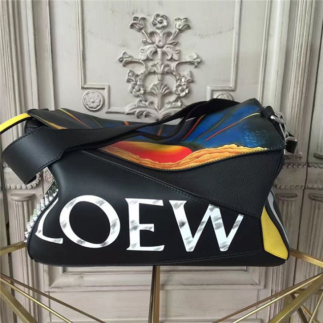 Loewe Punk Puzzle Extra Large Satchel Shoulder Bag 38cm Calfskin Leather Fall Winter 2017 Collection Black Multi