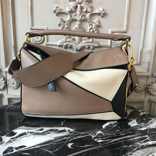 Loewe Puzzle Colorblock Satchel Bag 24cm Calfskin Leather Spring Summer 2018 Collection Beige Black