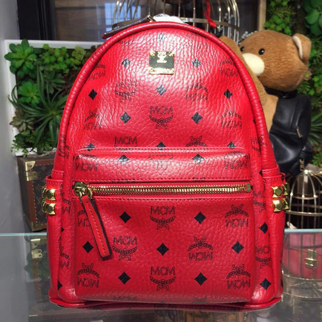 MCM Studded Backpack 24cm Calfskin Leather Spring Summer 2018 Collection Red