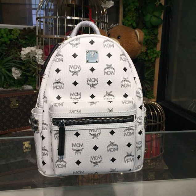 MCM Studded Backpack 24cm Calfskin Leather Spring Summer 2018 Collection White