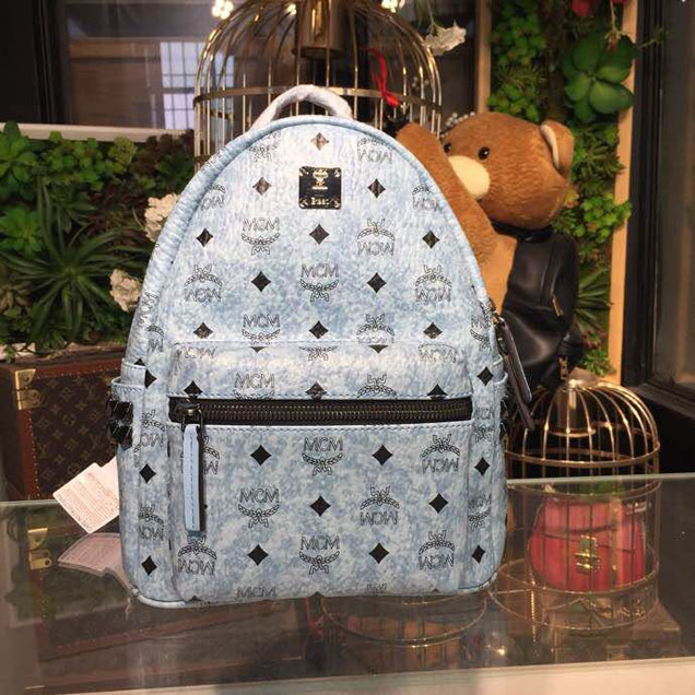 MCM Studded Backpack 24cm Calfskin Leather Spring Summer 2018 Collection Grey