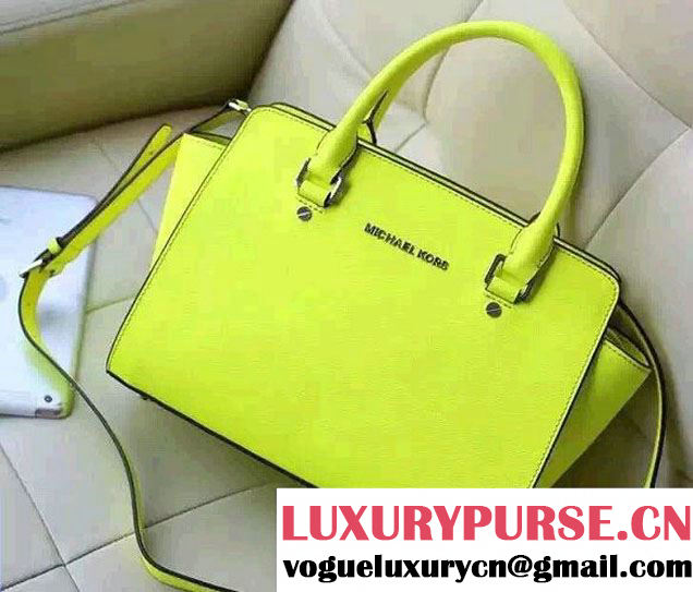 Michael Kors Selma Saffiano Leather Satchel Tote Bag Fluo Green 2015