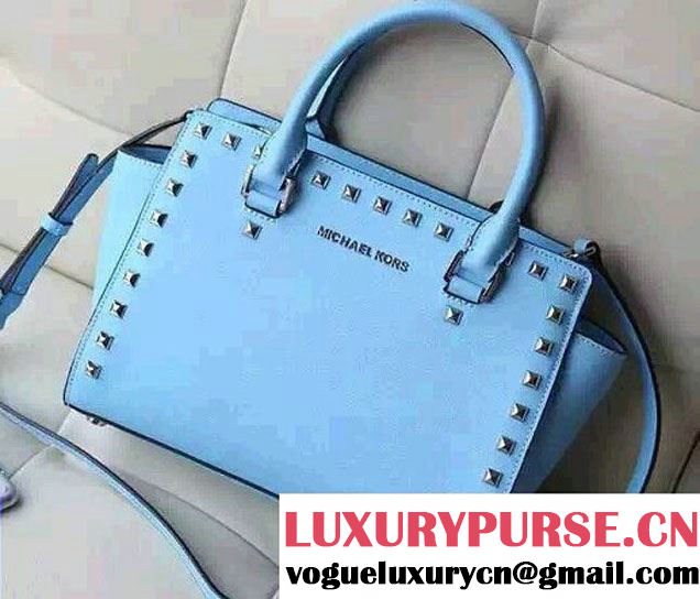 Michael Kors Selma Studded Saffiano Leather Satchel Tote Bag Sky Blue 2015