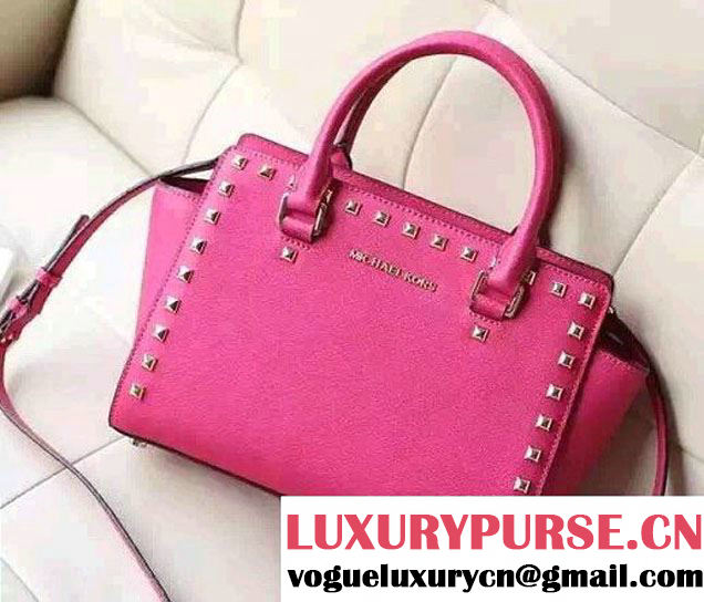 Michael Kors Selma Studded Saffiano Leather Satchel Tote Bag Fuchsia 2015