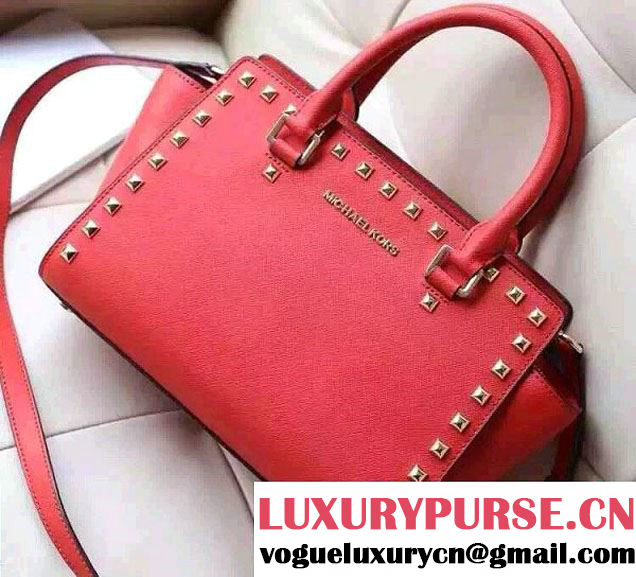 Michael Kors Selma Studded Saffiano Leather Satchel Tote Bag Red 2015