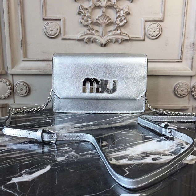 Miu Miu Miu Logo Bag Shoulder Bag 5BH077 Madras Calfskin Leather Spring Summer 2018 Collection Silver