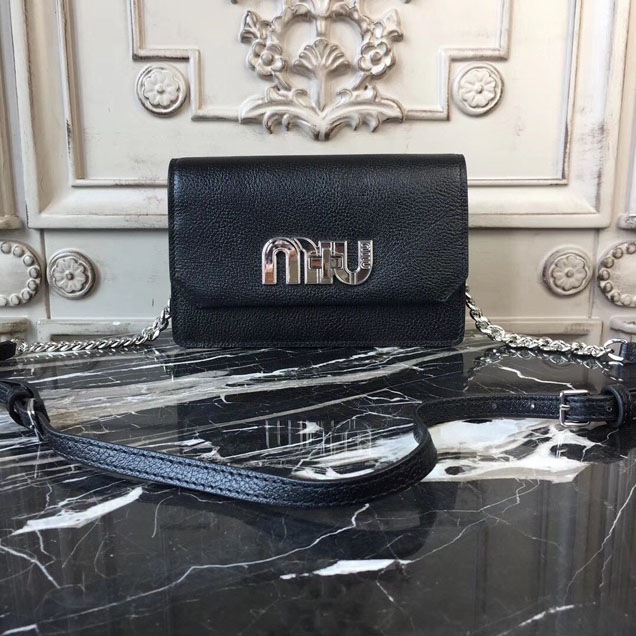 Miu Miu Miu Logo Bag Shoulder Bag 5BH077 Madras Calfskin Leather Spring Summer 2018 Collection Black