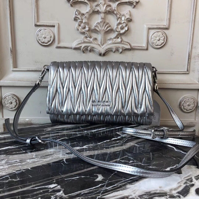 Miu Miu Matelasse Shoulder Bag 5BH080 Nappa Calfskin Leather Spring Summer 2018 Collection Metallic Silver