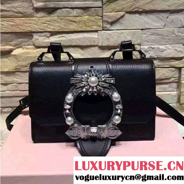 MiuMiu Cystal & Pearl Buckle Calfskin Shoulder Bag 5BH609 Black 2016 (OZZ-6110509 )