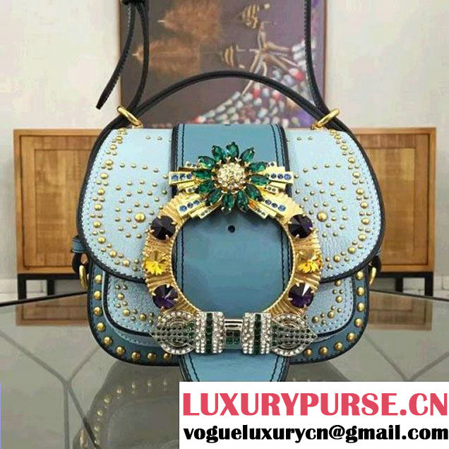 Miu Miu Studs and Jeweled Buckle Dahlia Shoulder Bag 5BD019 Blue 2016 (2A055-6112255 )