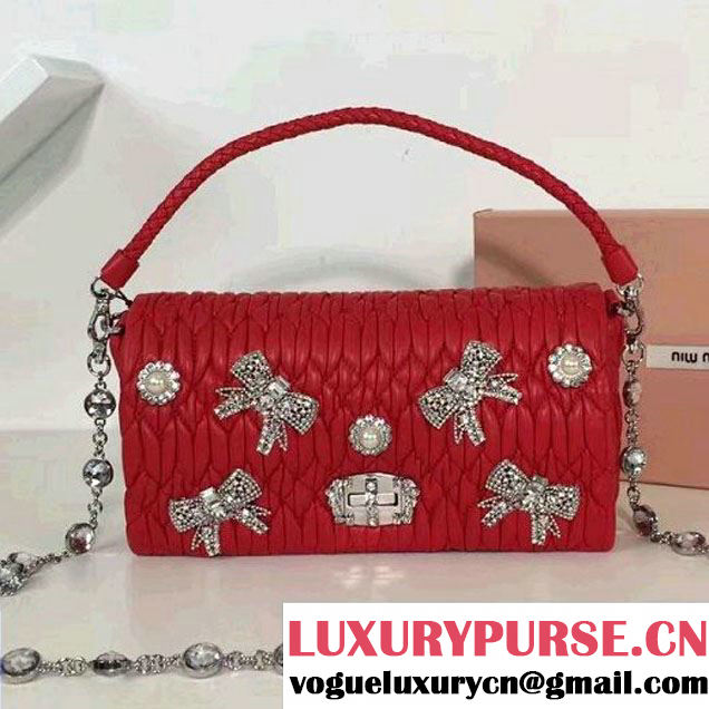 Miu Miu Bow Crystal & Pearl Matelasse Nappa Leather Shoulder Bag 5BD417 Red 2017 (2A137-7020519 )