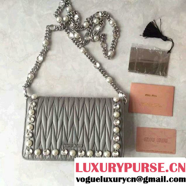 Miu Miu Crystal & Pearl Matelasse Nappa Leather Flap Shoulder Bag 5MP001 Gray 2017 (JD-7020524 )