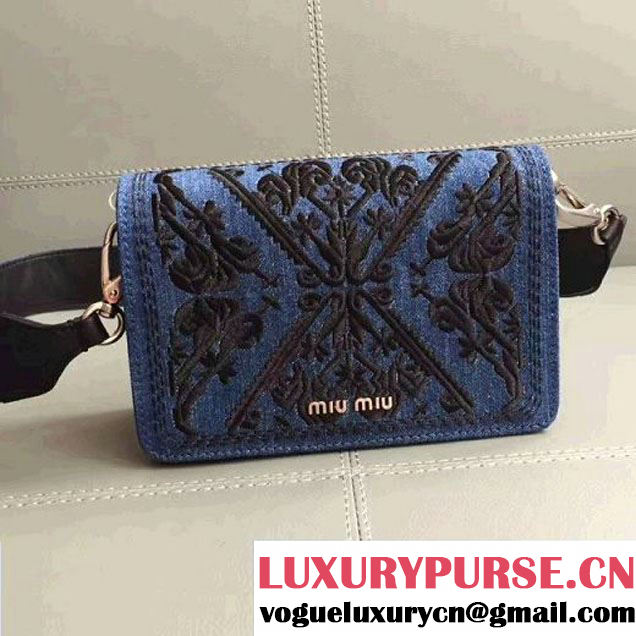 Miu Miu Embroidered Denim Little Flap Bag 5BF057 Black 2017 (JD-7072820 )