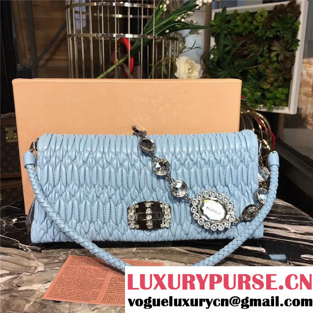 Miu Miu Crystal Embellished 28cm Shoulder Bag Nappa Calfskin Leather Fall Winter 2017 Collection Light Blue