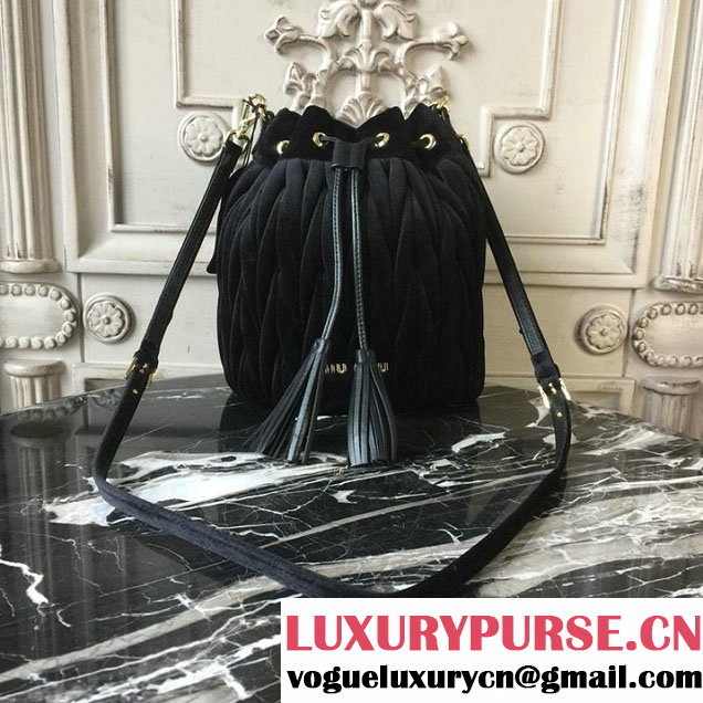 Miu Miu Velvet Drawstring Bucket 18cm Bag 5BE014 Matelass&eacute; Calfskin Leather Spring Summer 2018 Collection Black