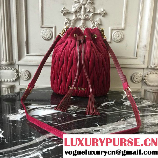 Miu Miu Velvet Drawstring Bucket 18cm Bag 5BE014 Matelass&eacute; Calfskin Leather Spring Summer 2018 Collection Burgundy