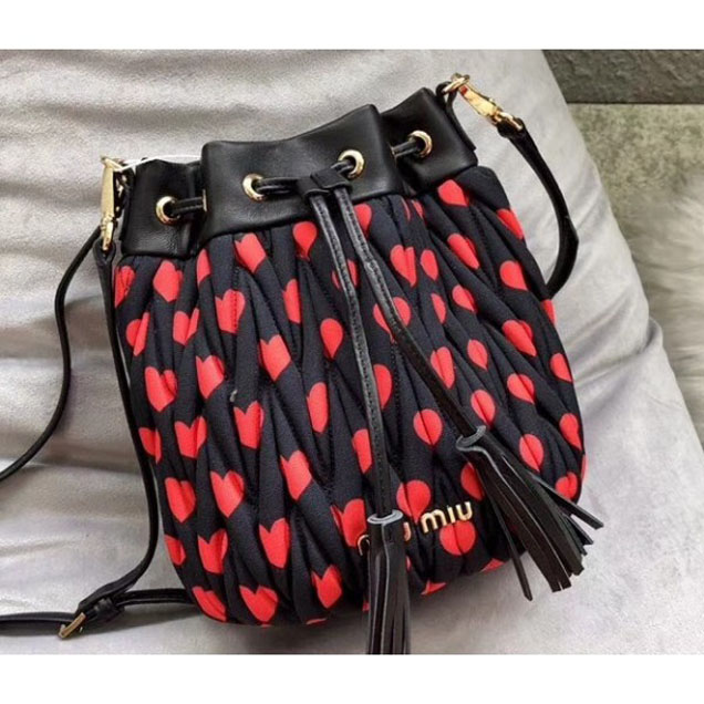 Miu Miu Matelassé Faille Drawstring Bucket Bag 5BE014 Black 2018