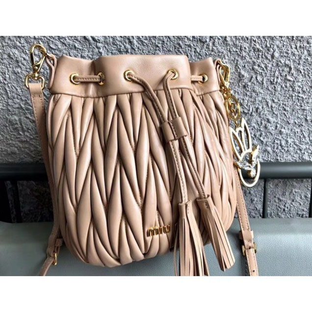 Miu Miu Matelassé Nappa Leather Drawstring Bucket Bag 5BE014 Apricot 2018