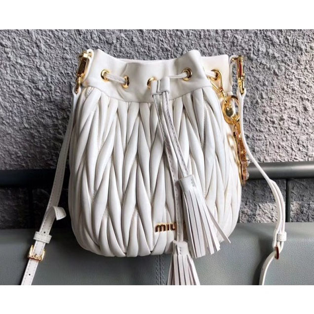 Miu Miu Matelassé Nappa Leather Drawstring Bucket Bag 5BE014 White 2018