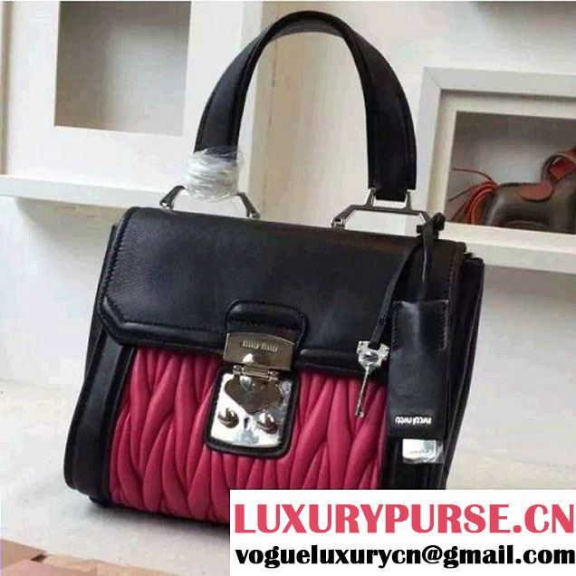 MiuMiu Nappa Leather Matelasse Top Handle Bag R1132C Black+Fuchsia 2016 (2A098-6050301 )