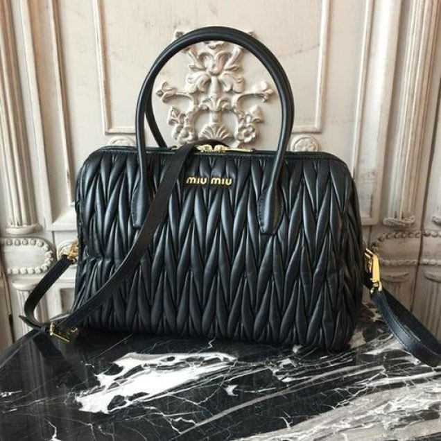 Miu Miu Top Handle Satchel Bag 5BB033 with Gold Hardware Matelass Calfskin Leather Spring/Summer 2018 Collection, Black