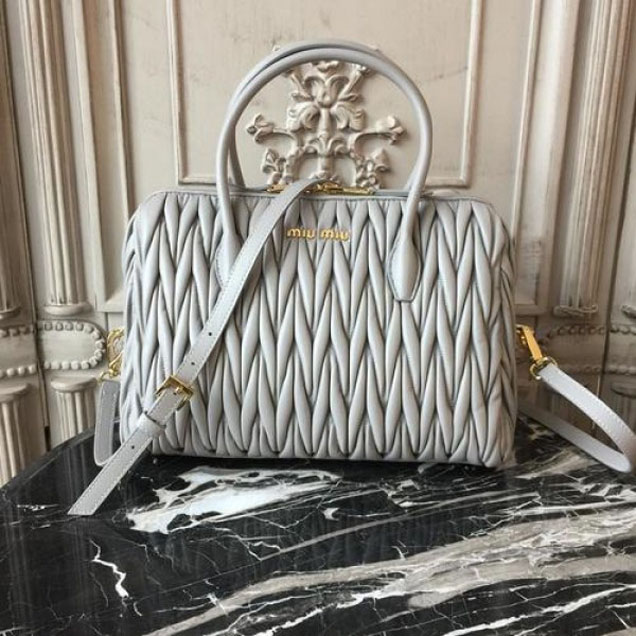 Miu Miu Top Handle Satchel Bag 5BB033 with Gold Hardware Matelass Calfskin Leather Spring/Summer 2018 Collection, Grey