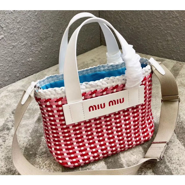 Miu Miu Woven Faux Leather Tote Bag 5BA077 White 2018