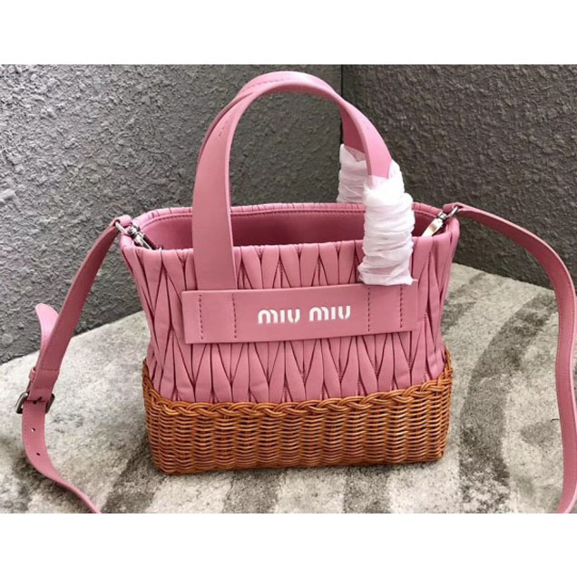 Miu Miu Matelassé Nappa Leather and Wicker Tote Bag 5BA076 Pink 2018