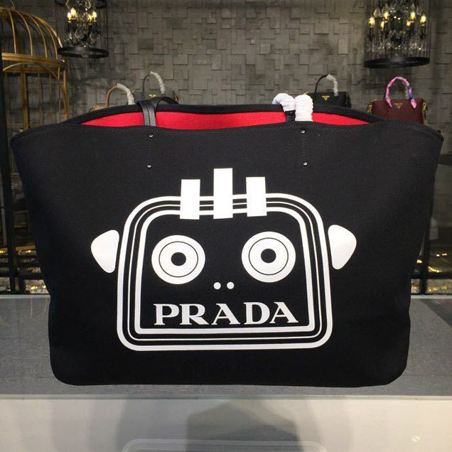 Prada Canvas Robot Tote Bag 42cm 1BG220 Canvas Spring Summer 2018 Collection Black