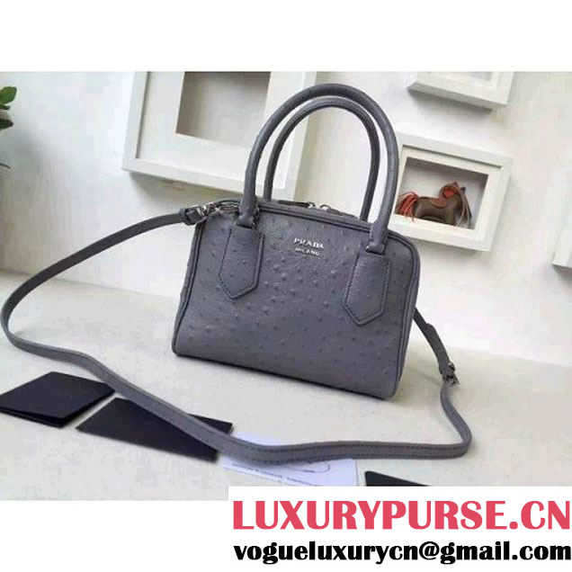 Prada 1BB011 Small Inside Calf Leather Ostrich Pattern Bag Cloudy Gray+Olive Green 2015 (2A016-091524 )