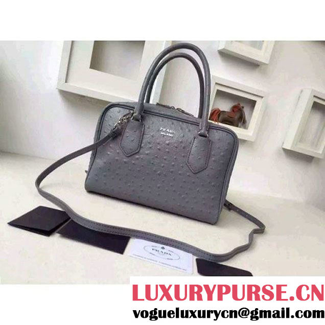 Prada 1BB010 Medium Inside Calf Leather Ostrich Pattern Bag Cloudy Gray+Olive Green 2015 (2A016-091525 )