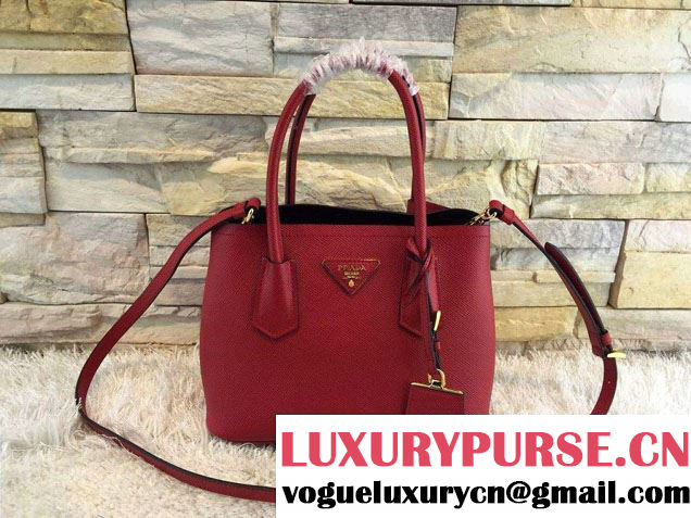 Prada Saffiano Cuir Leather Double Tote Mini Bag BN2668 Red 2015