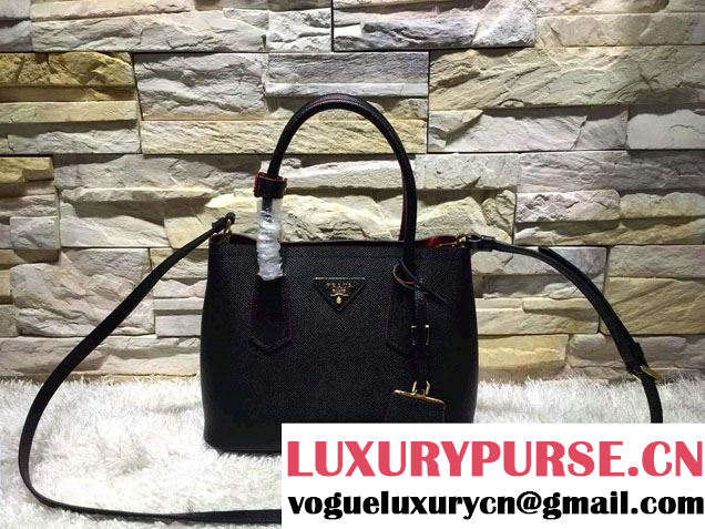 Prada Saffiano Cuir Leather Double Tote Mini Bag BN2668 Black 2015