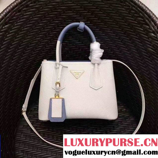 Prada 1BG886 Mini Two-Tone Saffiano Leather Double Bag White/Astral Blue 2017 (GYF-7060144 )