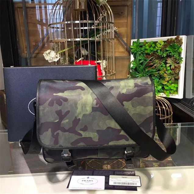 Prada Camouflage Nylon Flap Messenger Bag 31cm Bag 2VD769 Calfskin Leather Fall Winter 2017 Collection Green