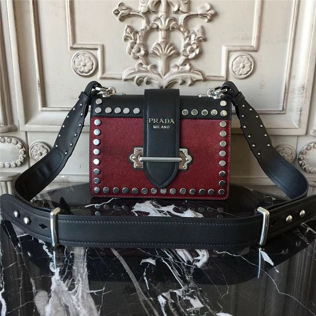 Prada Pionnière Studded with Calf Hair 20cm Shoulder Bag Calfskin Leather Fall Winter 2017 Collection Burgundy