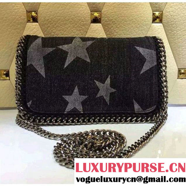 Stella McCartney 25cm Falabella Denim Cross Body Bag Black with Stars Prints 2016 (WJ-6062052 )