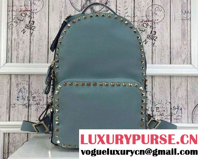 Valentino Grained Leather Rockstud Medium Backpack Blue 2016