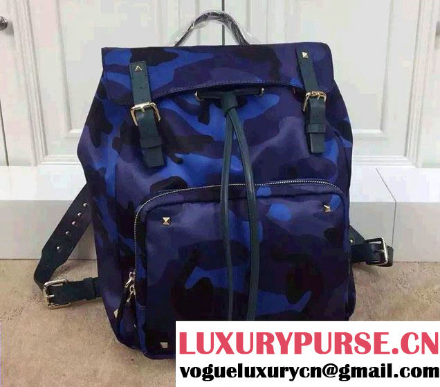 Valentino Rockstud Psychedelic Camouflage Flap Backpack Blue