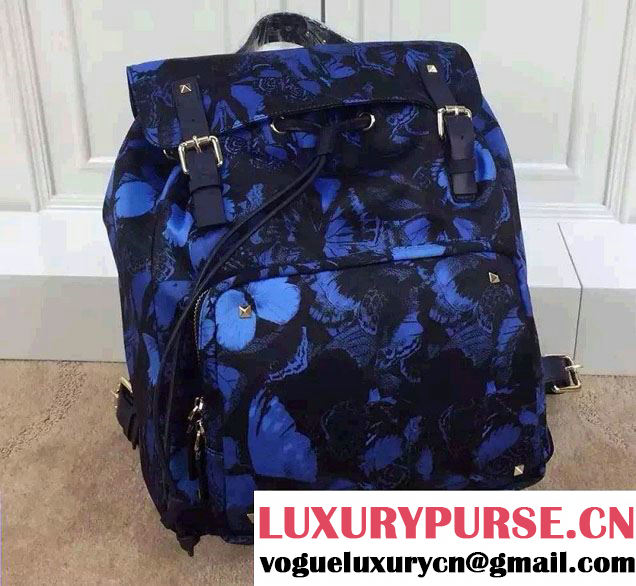 Valentino Butterfly Printed Rockstud Psychedelic Camouflage Flap Backpack Blue