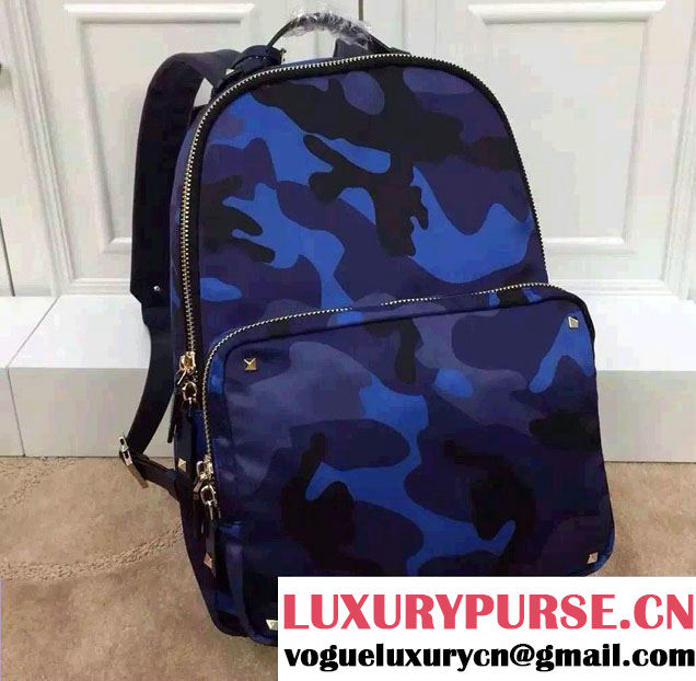 Valentino Camouflage Printed Canvas Fabric Large Backpack Blue