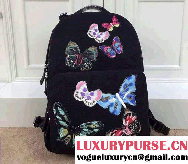 Valentino Butterfly Embroideries Canvas Fabric Medium Backpack Black