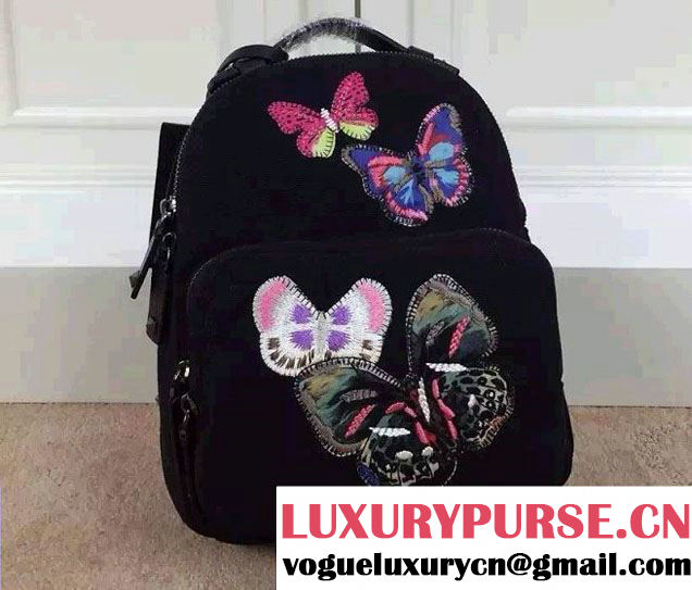 Valentino Butterfly Embroideries Canvas Fabric Small Backpack Black