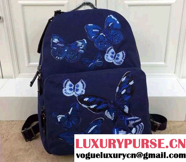 Valentino Butterfly Embroideries Canvas Fabric Large Backpack Blue