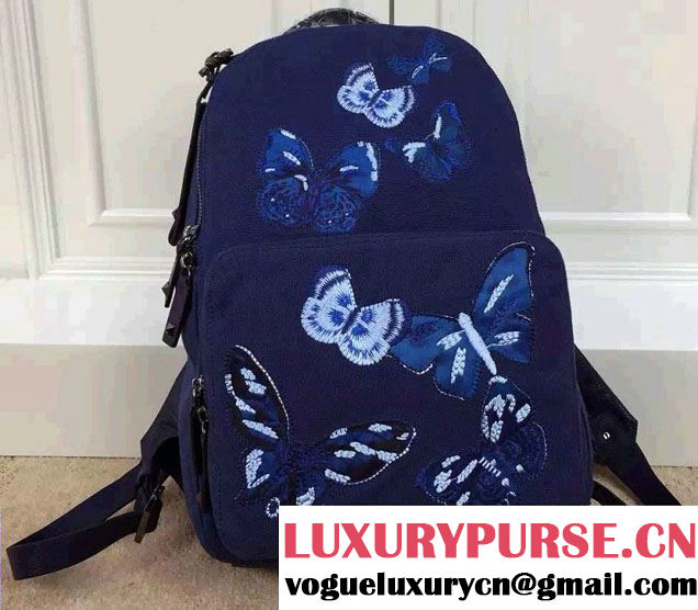 Valentino Butterfly Embroideries Canvas Fabric Medium Backpack Blue