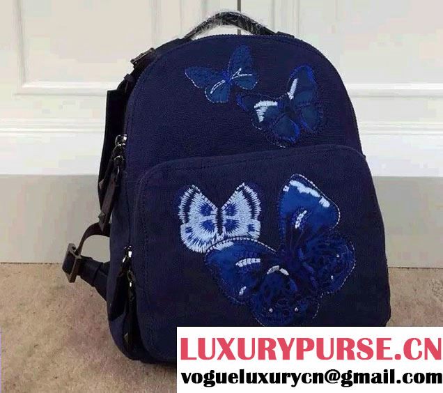 Valentino Butterfly Embroideries Canvas Fabric Small Backpack Blue