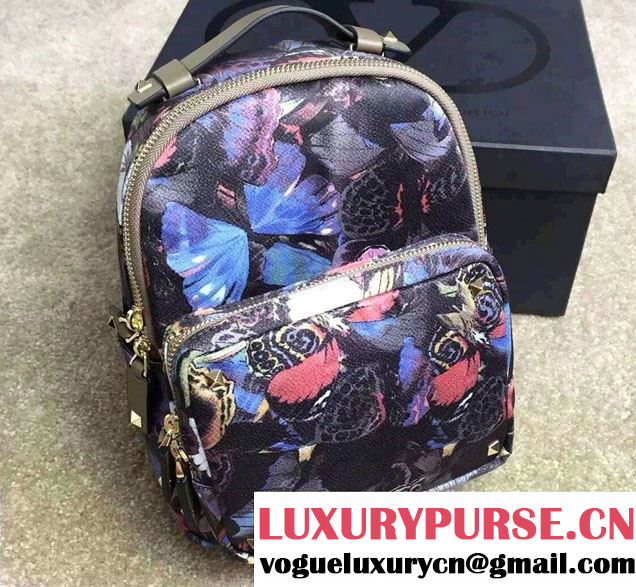 Valentino Butterfly Printed Canvas Fabric Small Backpack Camouflage