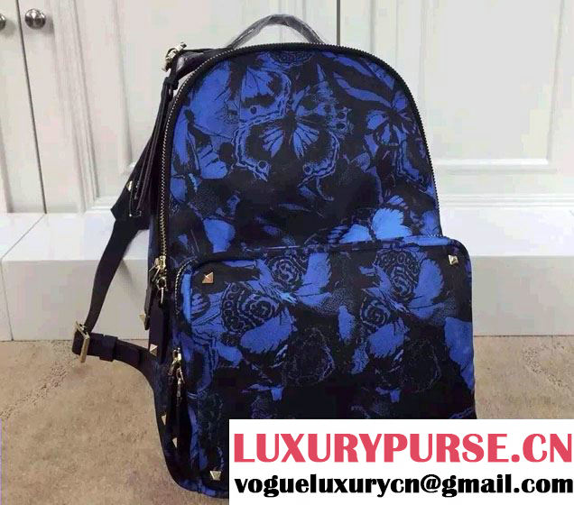 Valentino Butterfly Printed Canvas Fabric Medium Backpack Blue