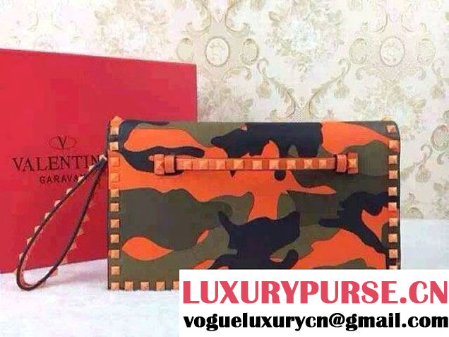 Valentino Rockstud Camouflage Print Clutch Bag Orange