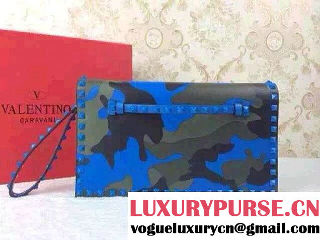 Valentino Rockstud Camouflage Print Clutch Bag Blue